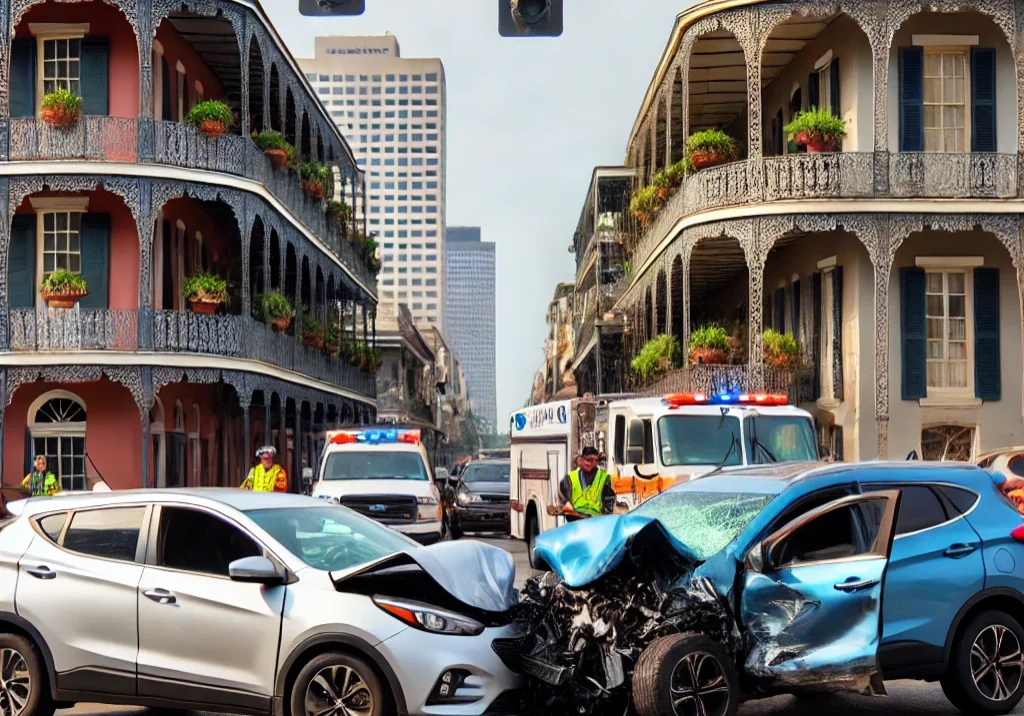 DALL·E 2024-12-10 07.16.10 - A two-car accident scene in New Orleans featuring a compact sedan and an SUV that have collided at an intersection. The backdrop includes iconic New O