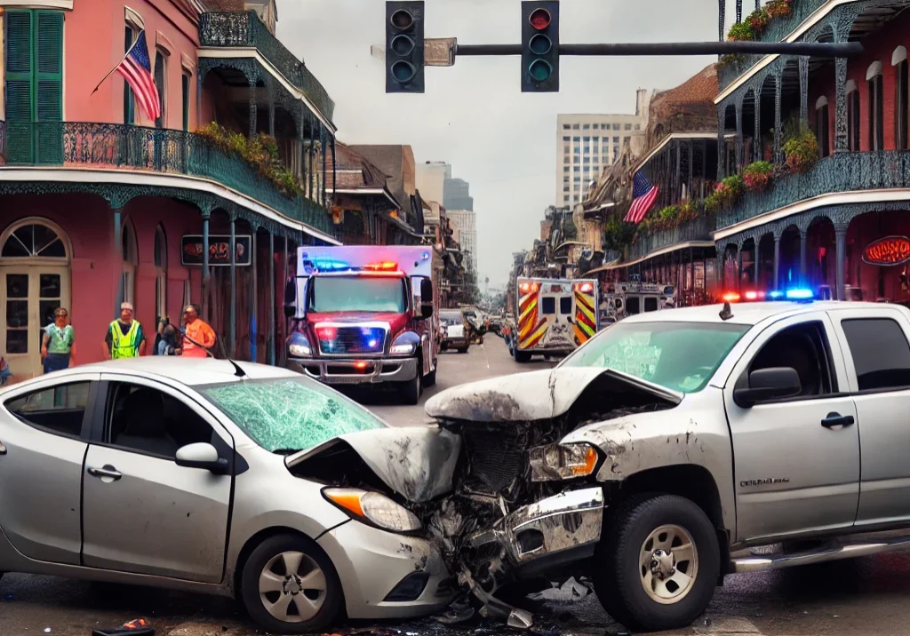 DALL·E 2024-12-10 07.23.31 - A two-car accident scene in New Orleans at a busy street intersection, featuring a compact car and a pickup truck that have collided. The pickup truck