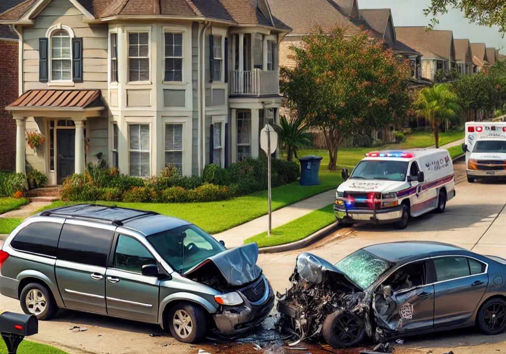 DALL·E 2024-12-10 07.37.32 - A two-car accident scene in a suburban area of New Orleans, featuring a minivan and a sedan that have collided at a residential street intersection. T