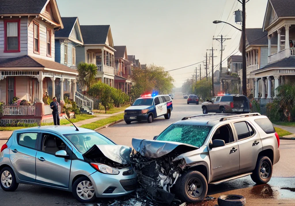 DALL·E 2024-12-10 09.06.51 - A two-car accident scene in a lower to middle-class residential area of New Orleans. The accident involves a compact sedan and a midsize SUV that have