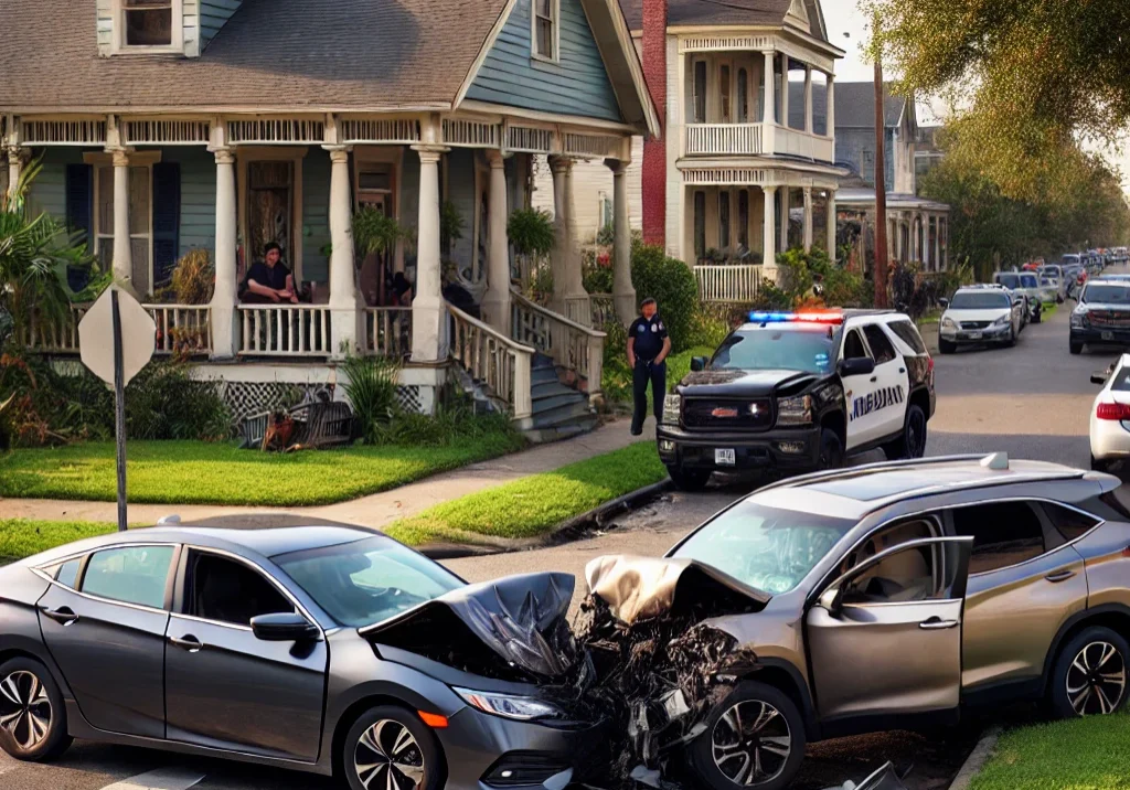 DALL·E 2024-12-10 09.06.53 - A two-car accident scene in a lower to middle-class area of New Orleans, featuring a modern sedan and a crossover SUV that have collided at a resident