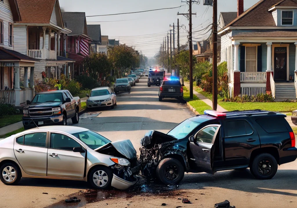 DALL·E 2024-12-10 09.06.56 - A two-car accident scene in a lower to middle-class area of New Orleans, featuring a small sedan and an SUV that have collided at a residential street